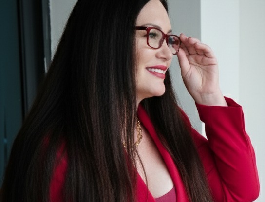 Stephanie Stasey in a red blazer adjusting her glasses by a window